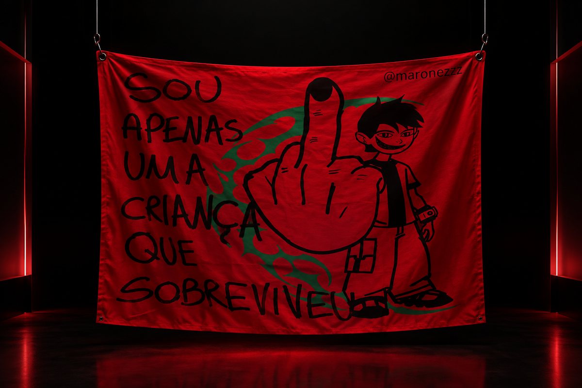 Bandeira vermelha Nask com a frase 'Sou apenas uma criança que sobreviveu'