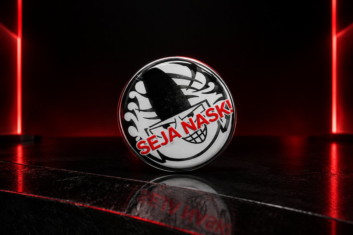 Bottom redondo Seja Nask com o rosto do logo em preto e branco