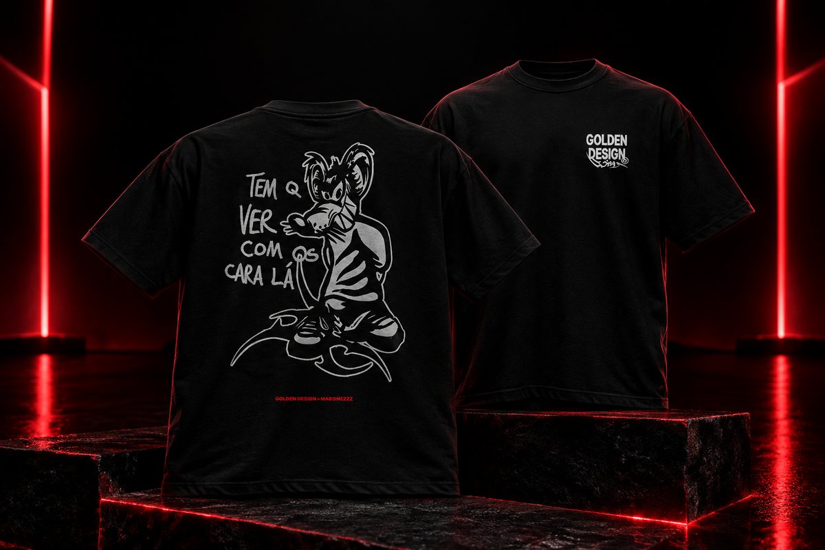 Camiseta preta Nask: costas com a arte 'Tem q ver com os cara lá', frente com o logo Golden Design